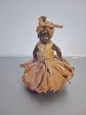 Unique Vintage Folk Art 4" Lady With Hand Made Banana Leaf Dress