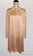 Vtg 80s Vanity Fair Peach Nylon Robe Peignoir MED Button Front Boudoir Glam