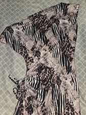 Women's Black Beige Animal Print Maxi Dress Tie Waist Ruched Drawstring Size M
