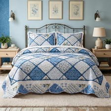 Garden Floral Quilt Bedspread Queen Size,3 Piece Patchwork Blue Quilt Set,Sum