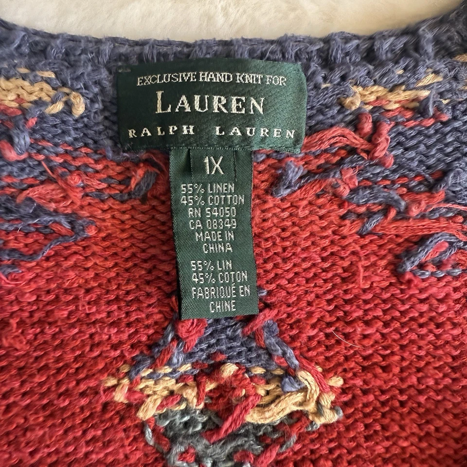 Ralph Lauren Southwestern Suéter Tejido a Mano Chaleco Mezcla de Lino 1X Rodeo Western Foto 2 de 4