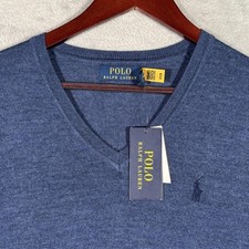 Polo Ralph Lauren Sweater Mens S Blue Washable Merino Wool V Neck Knit Pullover