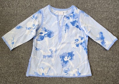 Gretchen Scott Top Womens Medium Blue Tunic Floral Beaded Cotton Boho Resort