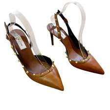 Valentino Garavani Rockstud Slingback Heels Brown Leather Gold Stud Pumps 39.5