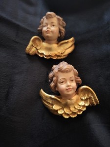 Pair Angels 3.4", Hand Carved Wood Cherubs. Sculpture/Putto 