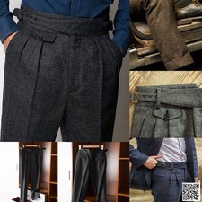 Men Retro Tweed GURKHA Pants Herringbone Wool Trousers Casual Business Suit Pant