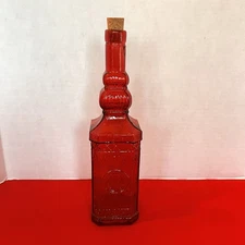 Red Glass Decorative Bottle 11 3/4” Tall With Raised Design W/ Cork Made Spain