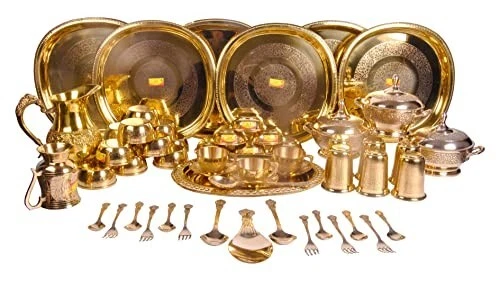 Pure Brass Dinner Set 58 Piece |Square Plate Engraved Designed |Pital  Dinner Se