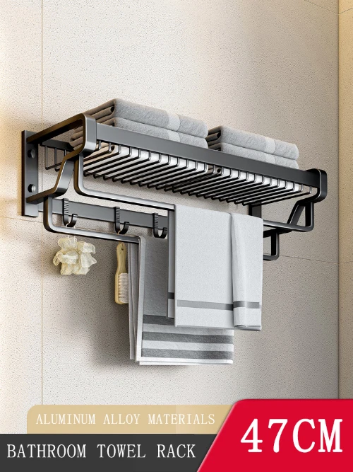 Towel Rack 37-57CM with Hook Accessories Wall Mount Rail Hanger Aluminum Shelf - Image 4 of 4