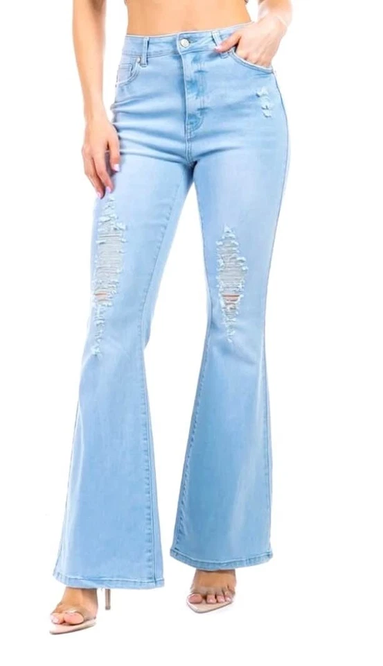 Sweet Look Womens Juniors 70s Trendy Flared  Distressed Bell Bottom Denim JEANS - Image 2 of 4