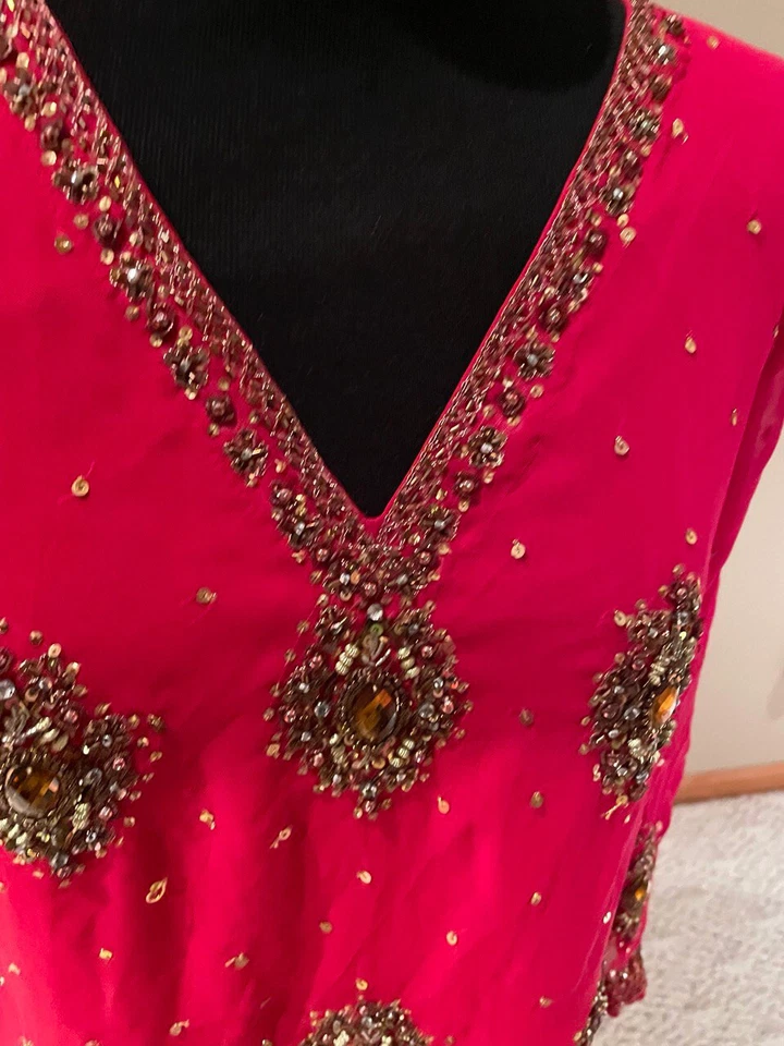 Damas Fiesta Rojo Con Cuentas Doradas Largo Paquistaní Vestido Camisa Talla M Foto 2 de 4