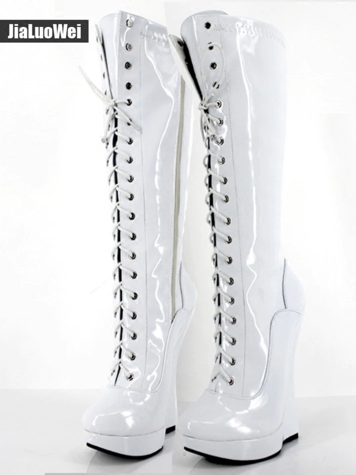 18cm Wedge Heel Lace Up Dance Knee High Boots Womens Men Nightclub Plus sz 36-46 - Image 3 of 4