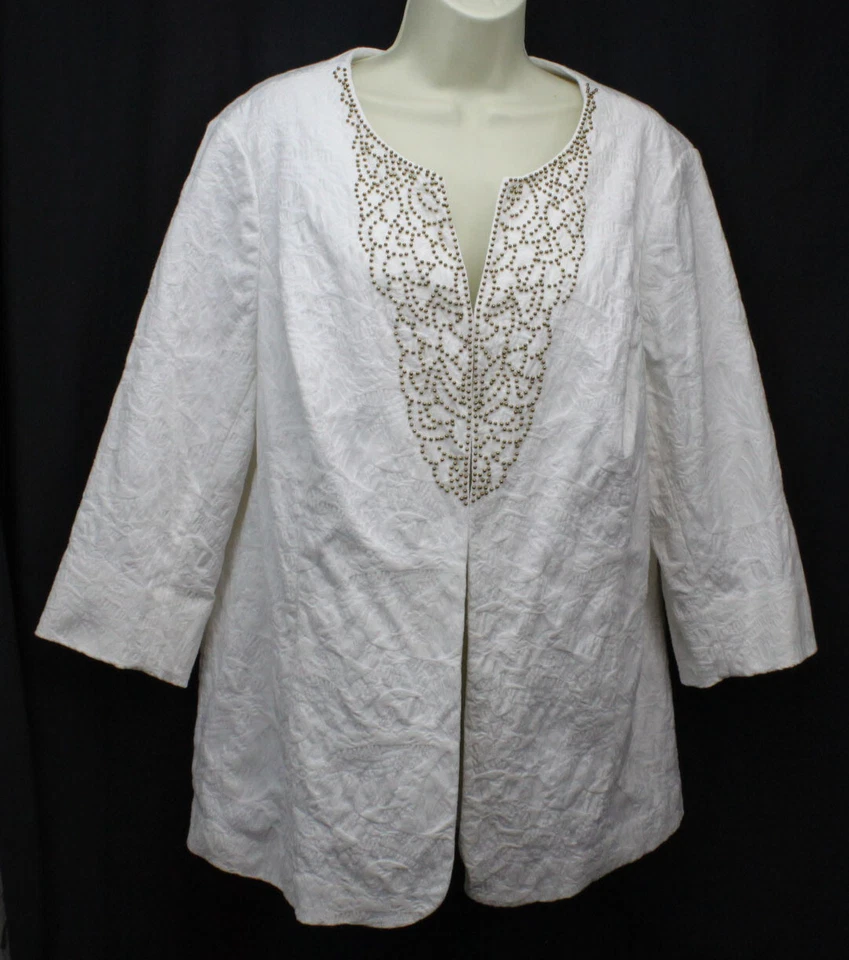 Jones New York Woman Blazer Jacket White Texture Beaded Detail Long Cotton 2X - Image 2 of 4