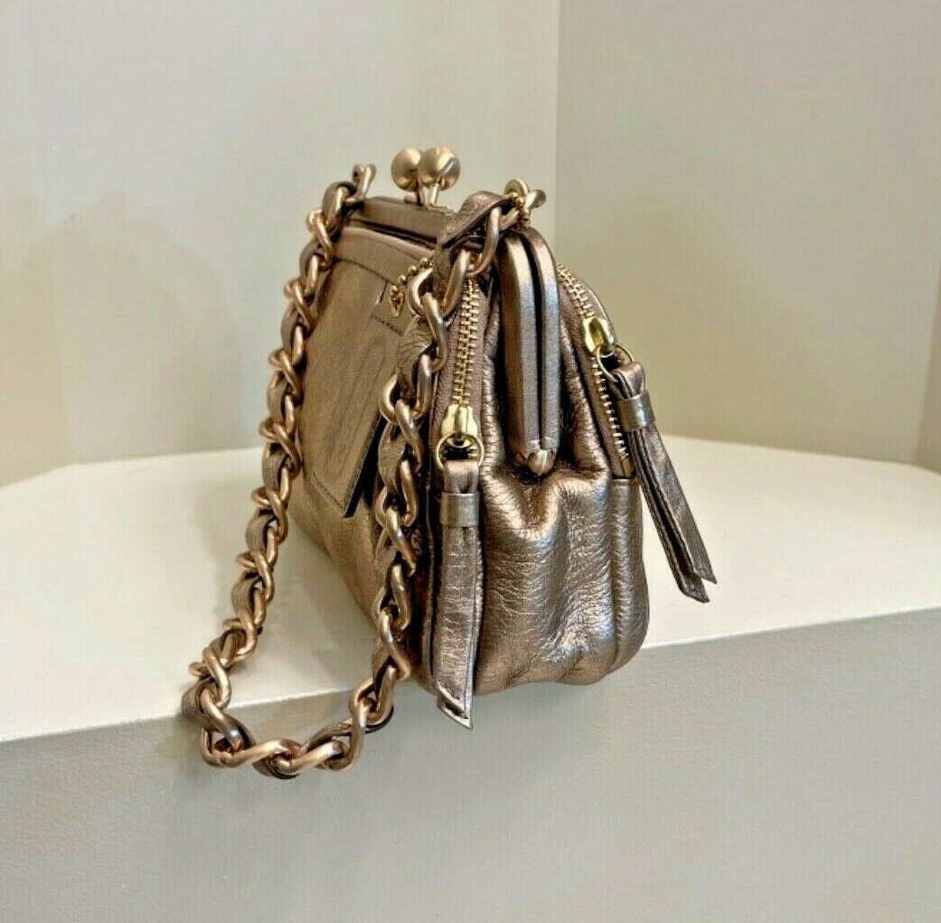 Coach Parker Double Zip Frame Kisslock Gold Rose Purse Shoulder