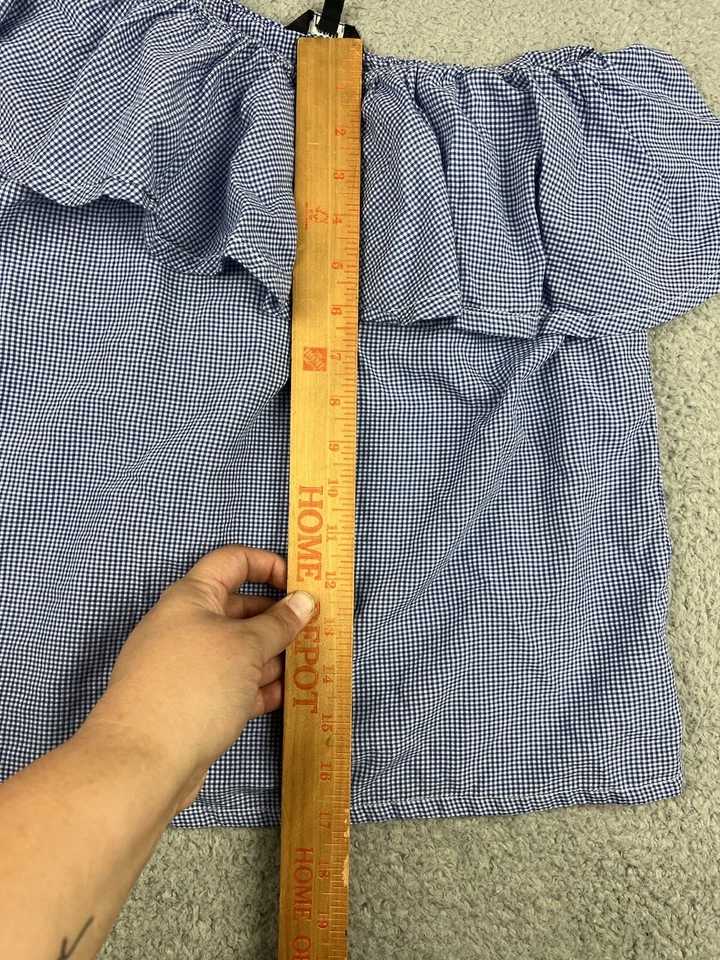 Joe's Jeans Collection Top Medium Shirt One Shoulder Gingham Plaid Ruffle Blue - Image 2 of 4