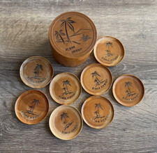 Set of 8 Vintage Wooden Carved Coasters with Container Holder.