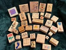36+ Vintage Wood Mount Stamps Stampin Up, Dots, Country, Hearts, Folk, Bear, Pig