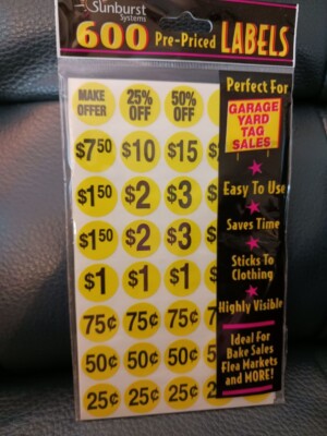 Price Stickers for Garage/Yard Sale, pre-priced labels, 600 count pack Yellow 