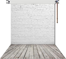 5X7Ft White Brick Wall with Gray Wooden Floor Photography Vinyl Backdrop D-2504
