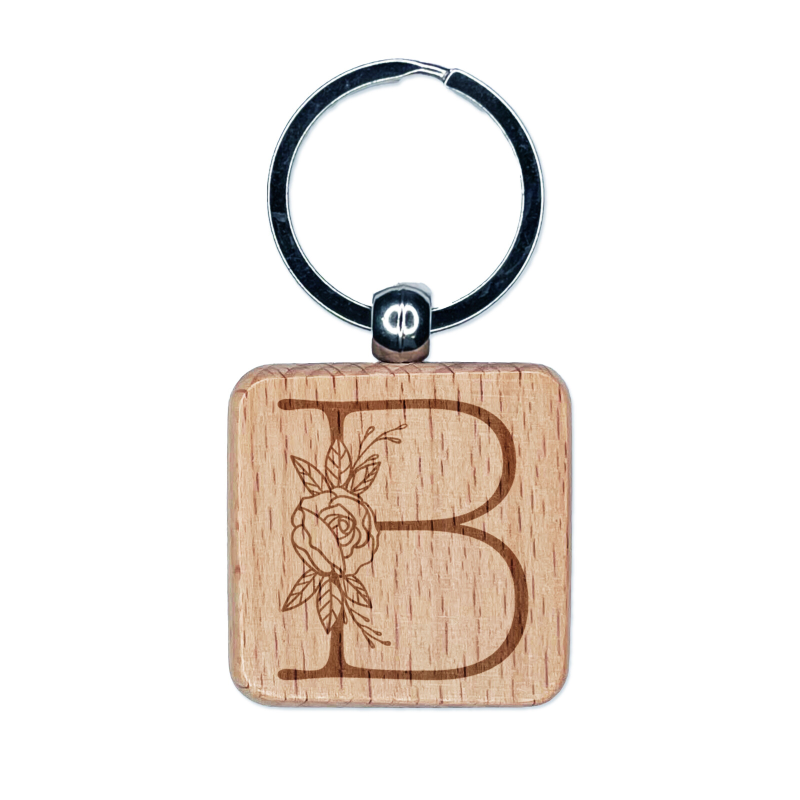 Rose Typewriter Font Capital Letter B Engraved Wood Square Keychain Tag Charm
