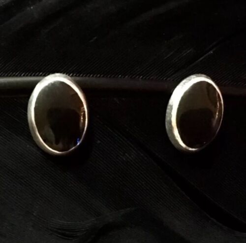 LOVELY ESTATE STERLING SILVER ONYX INLAY OVAL POST BACK HAND MADE EARRINGS 9/16” - Picture 1 of 2