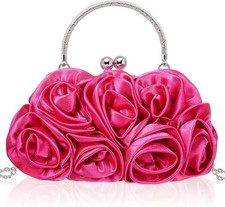 Pink Satin 3D Flower Rose Evening Clutch Purse With Removable Strap Snap Close