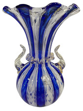 MURANO VENETIAN BLUE WHITE LATTICINO RIBBON VASE APPLIED HANDLES GOLD DETAIL