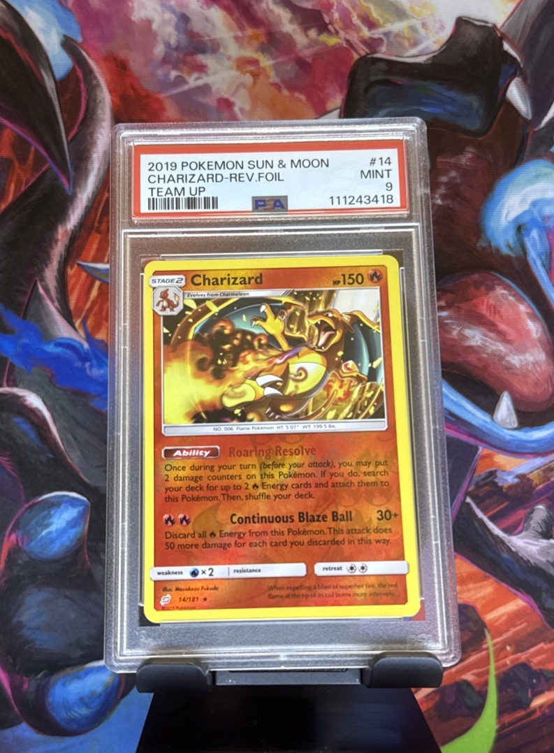 2019 POKEMON CHARIZARD REVERSE FOIL #14 SUN & MOON TEAM UP PSA 9 WFG REV HOLO
