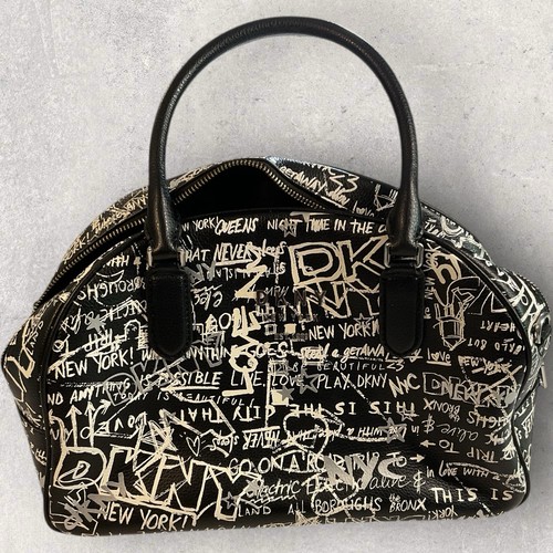 DKNY Erin Graffiti Dome Satchel Black White Leather Zip Top Handbag Purse