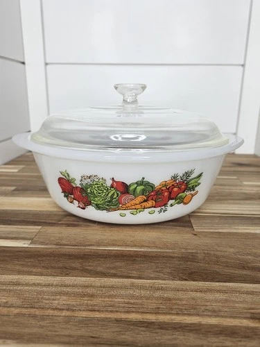 Vintage Glasbake Vegetable Pattern Casserole Baking Dish J514 2 Qt Made in USA