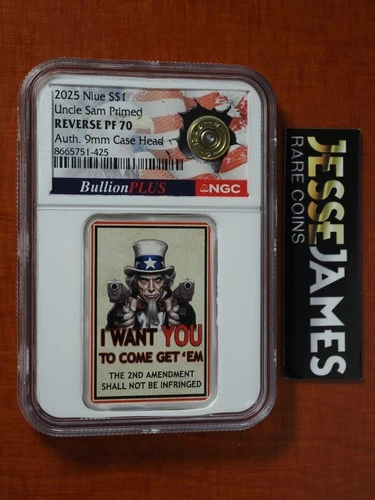 2025 $1 NIUE REVERSE PROOF SILVER UNCLE SAM PRIMED NGC PF70 AUTH 9MM BULLIONPLUS