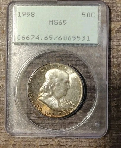 1958  Half Dollar , PCGS MS 65 ,old rattler , nice Toning+Luster