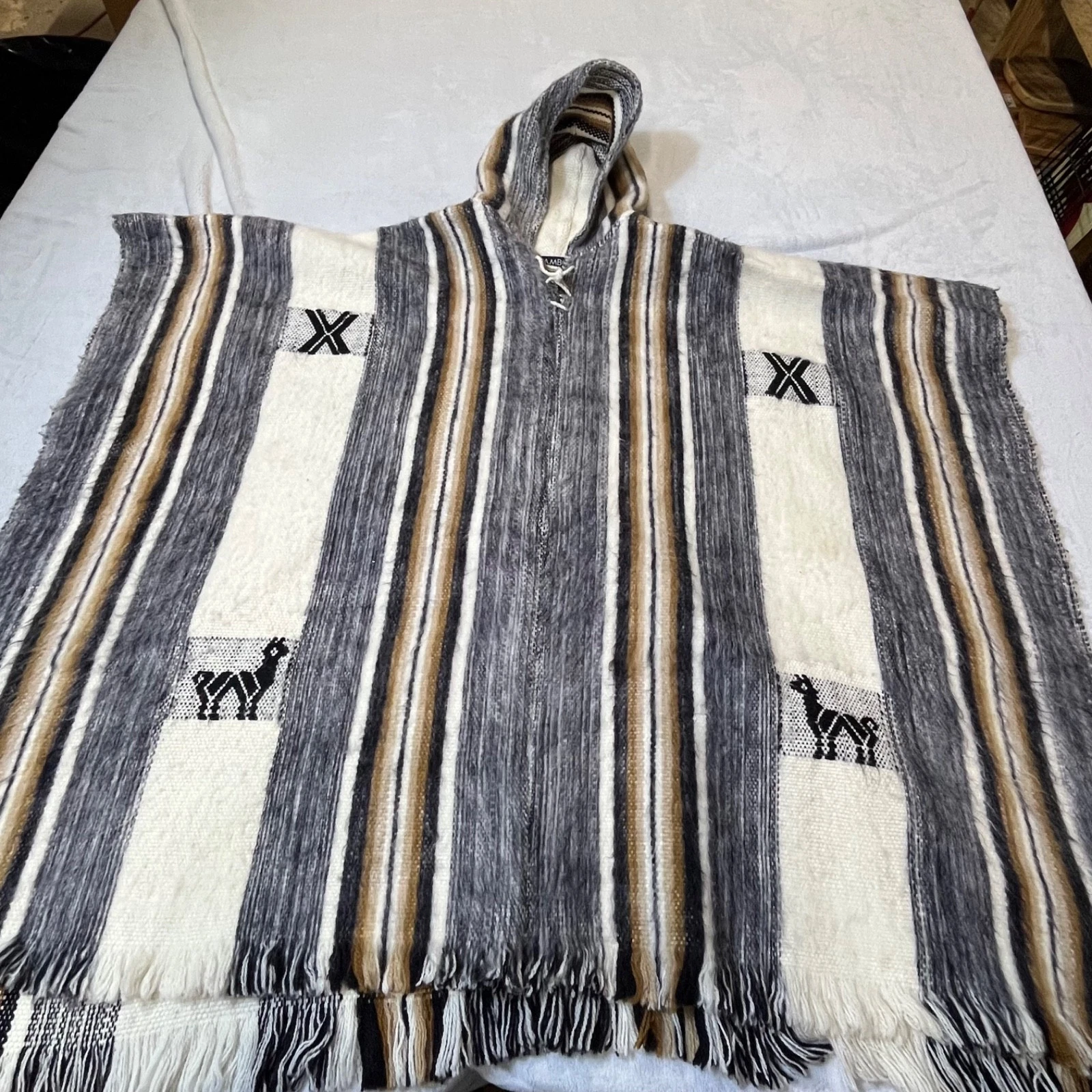 Gamboa Alpaca Wool Hooded Poncho Grey Ivory Tan Striped Fringe One Size NEW