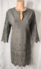 KAREN KANE Faux Suede Laser Cut Split V-Neck Lined Pullover Dress L  Made In USA