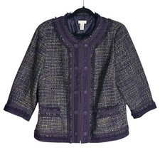 Chicos Sz 2 Large Purple Metallic Tweed Jacket Wool Blend Raw Hem Fringe Blazer