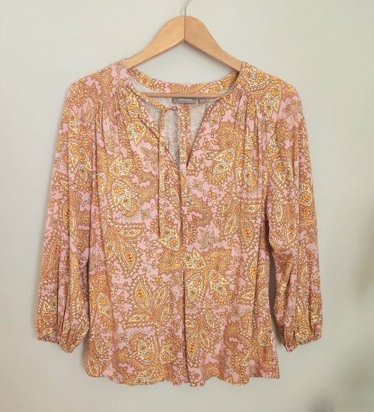 sussan boho blouse pink tan floral paisley/4 sleeve v neck gypsy Women 6