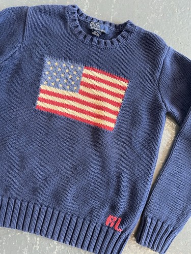 Vintage Polo Ralph Lauren American Flag Knit Sweater Navy Cotton YOUTH Medium - Picture 2 of 4