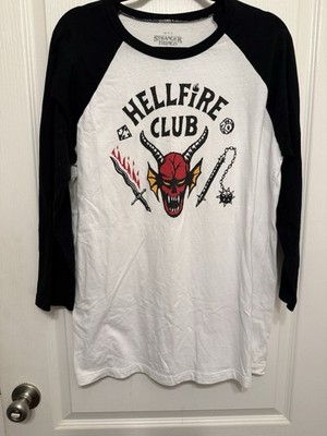 Stranger Things Hellfire Club Baseball Tee Mens White Black Sleeves Large
