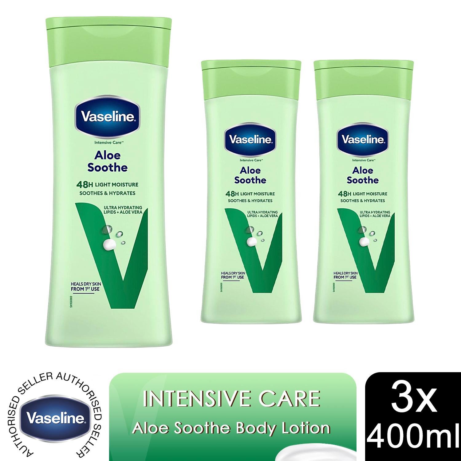 Vaseline Intensive Care Body Lotion Aloe Soothes 48H Light Moisture 400ml, 3 Pk