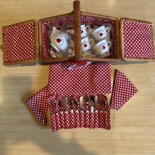 Schylling Lady Bug Porcelain Mini Tea Set In Wicker Picnic Basket NEW