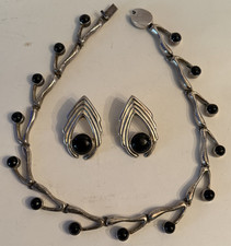 Vintage Womens 925 sterling onyx modernist necklace earrings set mexico 123g