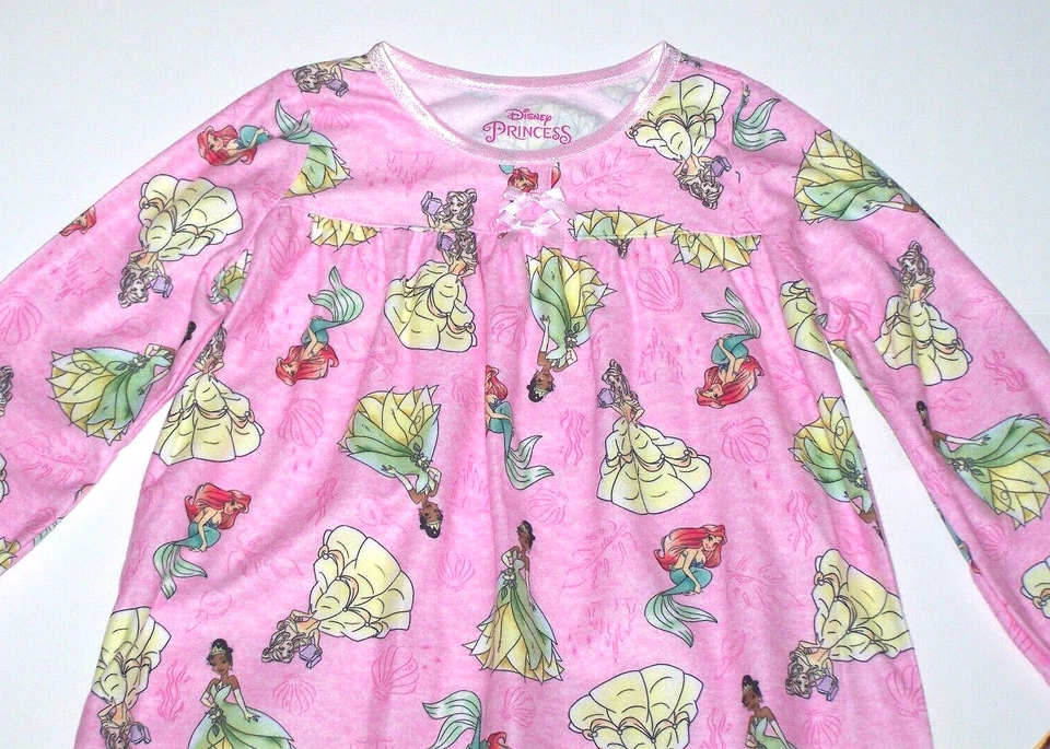 Disney Princess Flannel Granny Nightgown Pajamas Ariel Belle Tiana Pink New Girl - Image 2 of 4