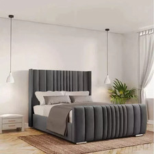 Image of Ottoman Storage Bed Frame Wingback Plush Upholstered Velvet &Mattress All Sizes