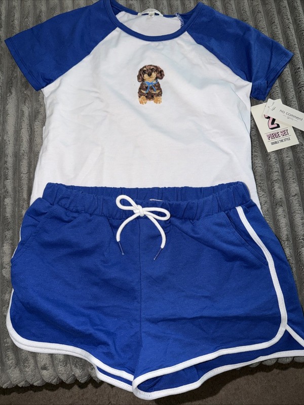 NWT No Comment Girls Size 14 Dog 2-Piece Set Tee Dolphin Shorts Blue