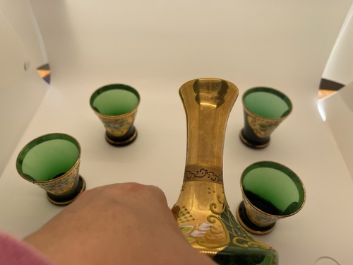 Bohemian Emerald Green Gold Gilt Hand Painted Decanter & 5 Cordials MCM Set - Picture 9 of 23