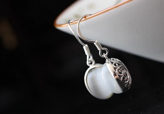 Orecchini A Bottone In Opale Bianco Etiope Naturale, Cabochon - Foto 4