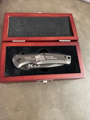Danbury Mint Pocket Knife w/ Wooden Box ''Land of the Free Because of the Brave 
