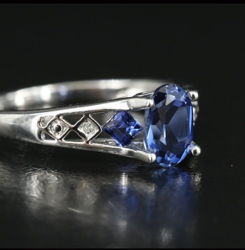 10K SOLID WHITE GOLD LAB CREATED SAPPHIRE & GENUINE DIAMOND RING SZ 6.5 - Picture 10 of 12