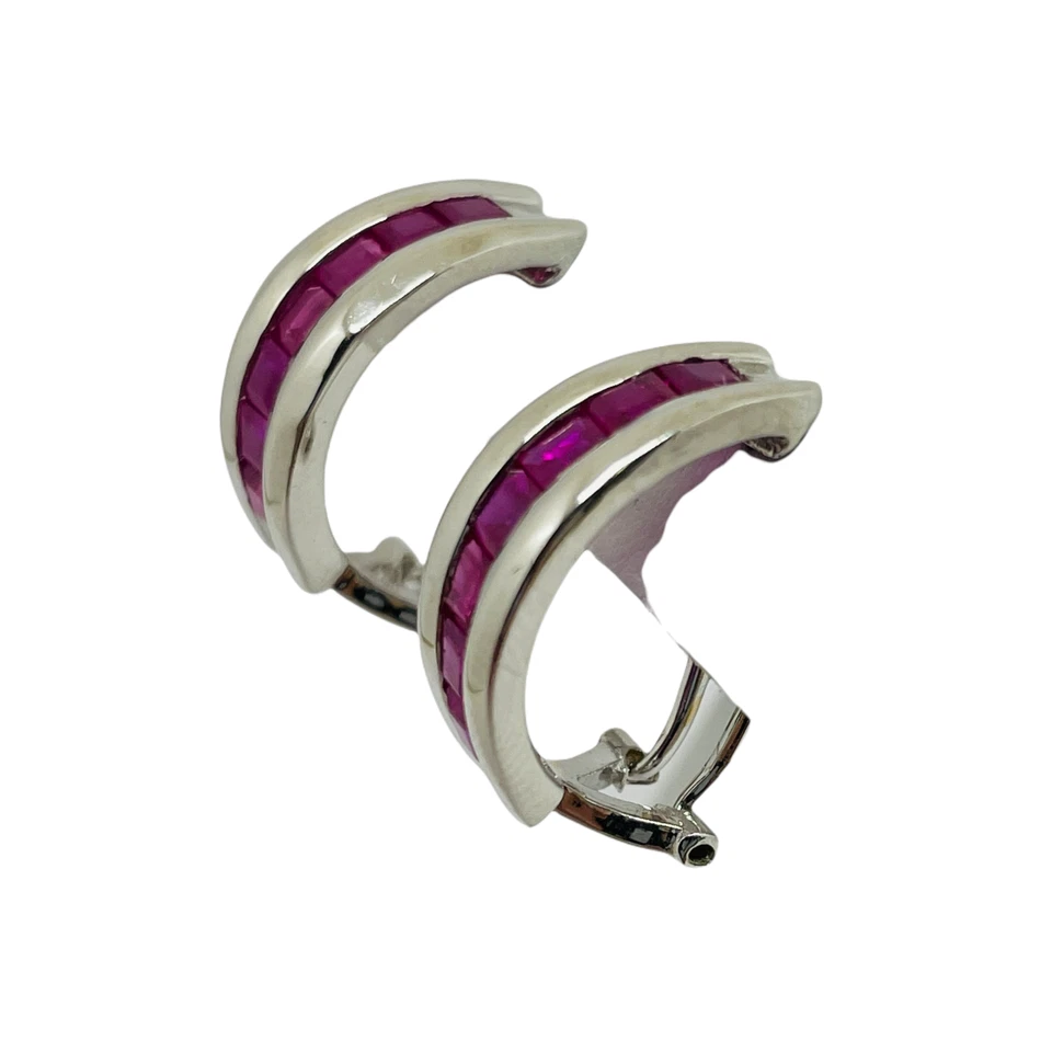Natural Pink Ruby Channel-Set Hoop Earrings 14k Solid White Gold - Image 4 of 4