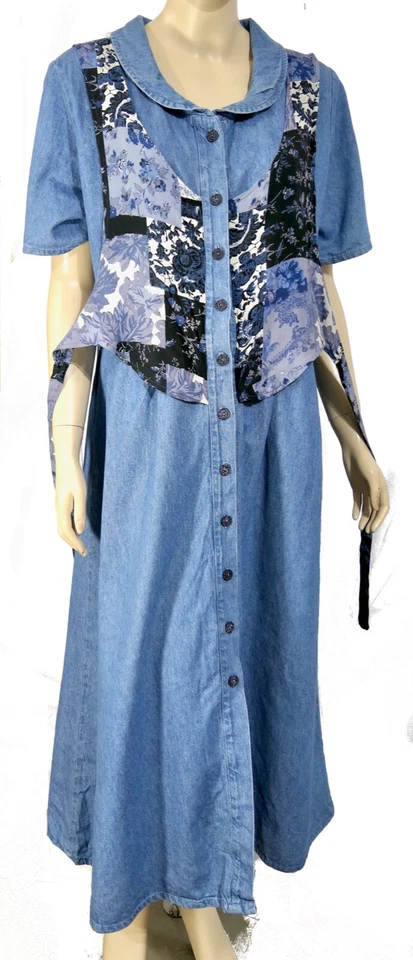 Винтажный 70-х 80-х джинсовой ткани Midi макси рубашка платье пэчворк жилет прерии стиль XL 16 - Изображение 2 из 4